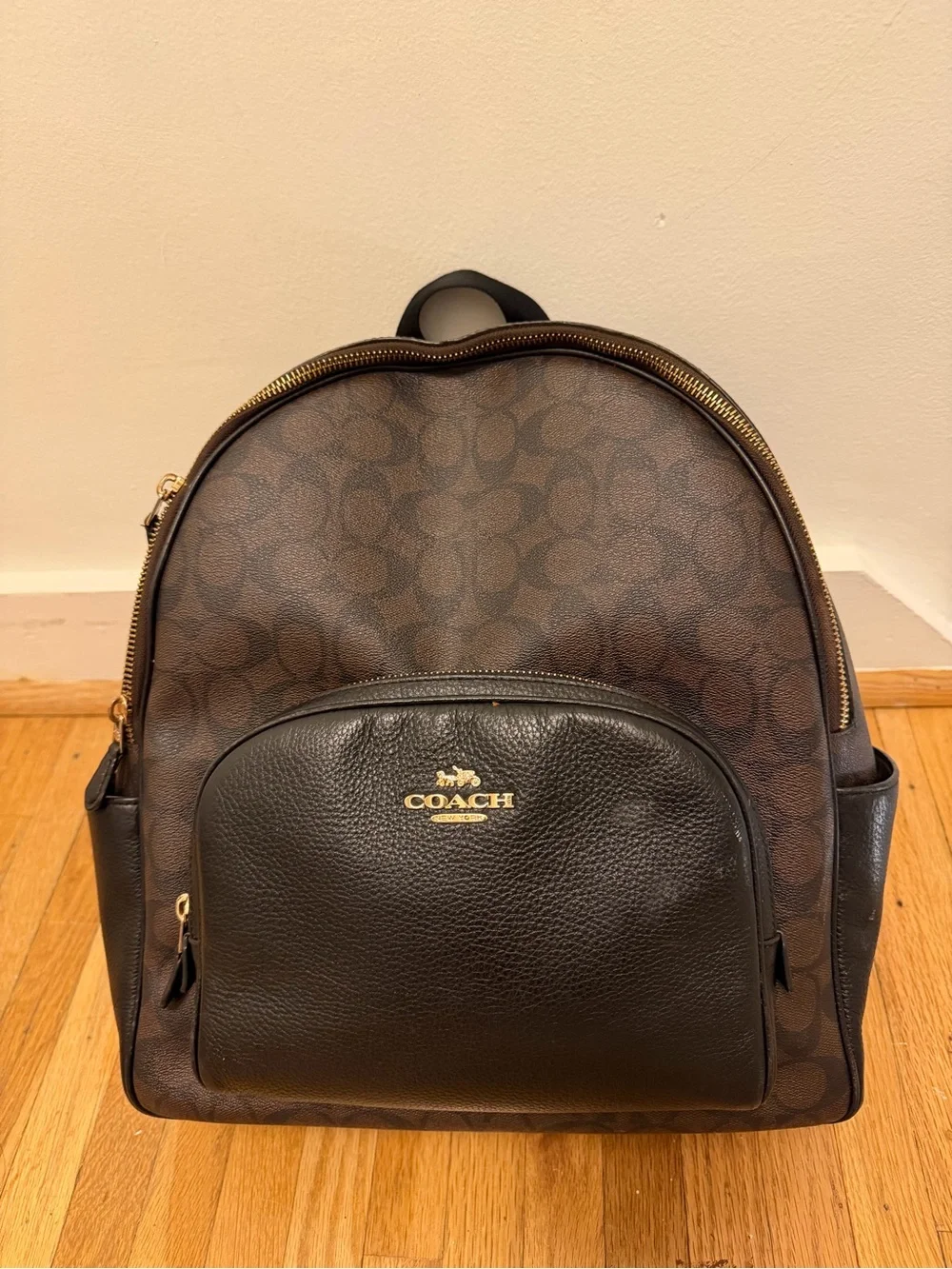Coach Brown Signature Canvas Backpack with Black Leather Pocket